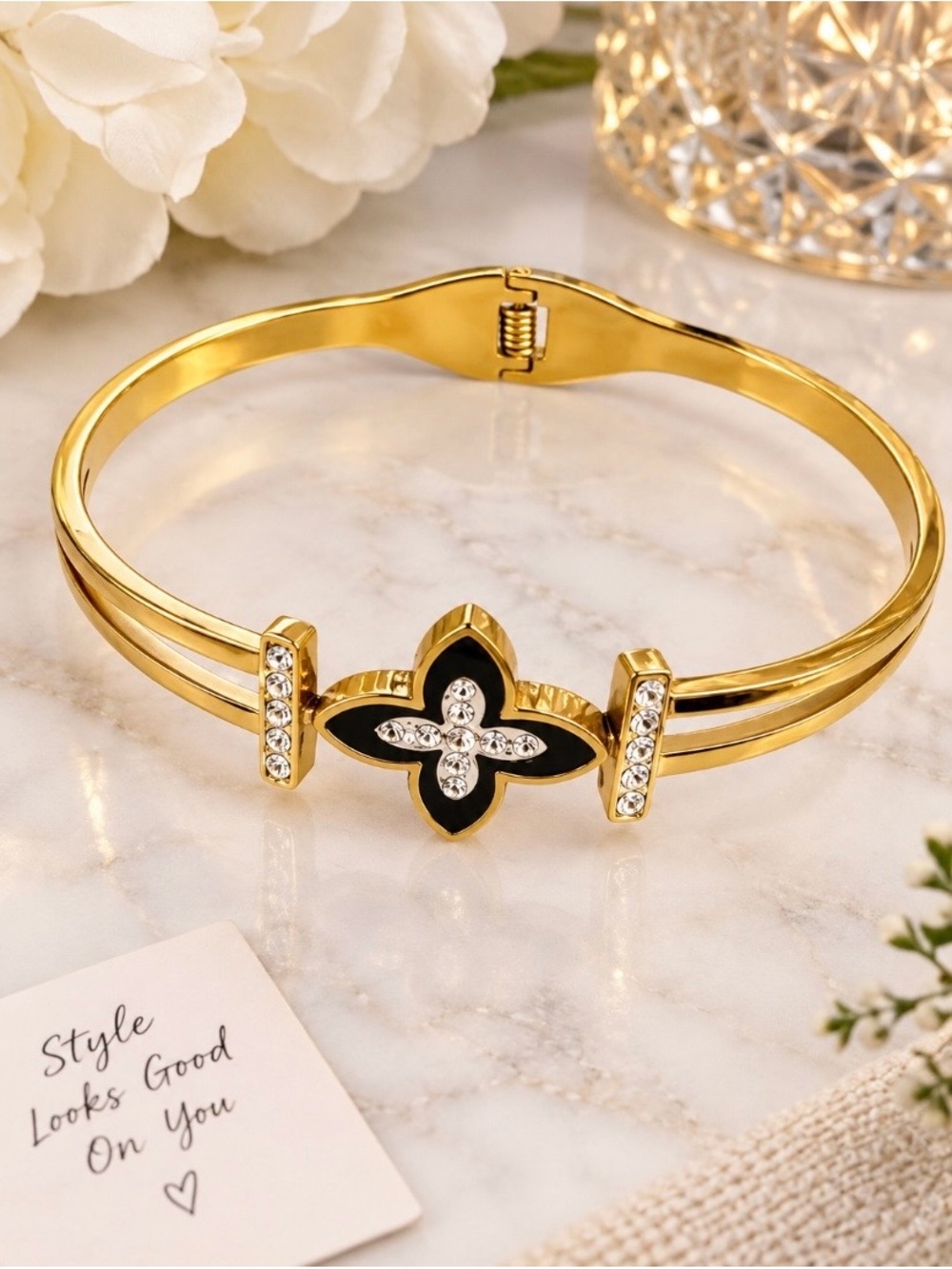 Gold and Black Crystal Flower Bangle Bracelet - Women Jewelry